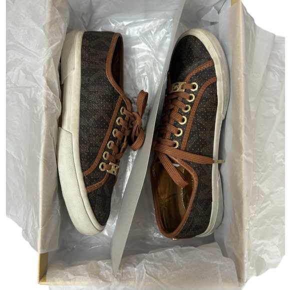 Michael Kors Monogram Boerum Sneakers Brown Gold Luxury Designer MK Logo Size 6M - Picture 7 of 16